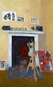 Fireplace with Painting and Brushes