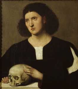 ritratto di una giovani uomo con  Un  cranio