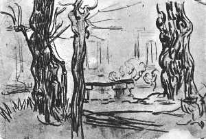 Giardino di il manicomio e l'albero Bauli e una pietra Panchina