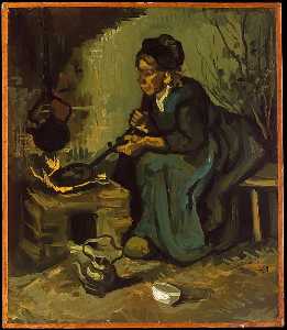Peasant Woman Cooking by a Fireplace