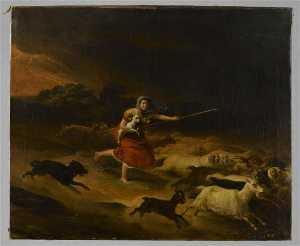 Bergère et troupeau fuyant devant l'orage