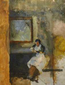 A Woman in a White Apron, Sitting under a Picture