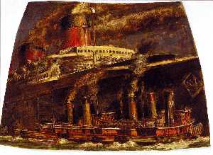 atlantic liner in harbour avec Remorqueurs ( peinture murale étudier , Vous . S . maison sur mesure , new york , new york )