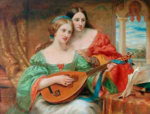 Two Women in Classical Pose, One Playing a Lute