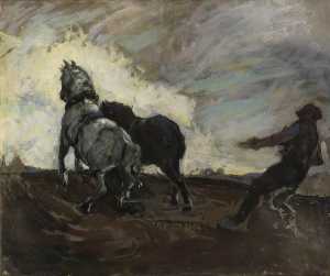 un hombre Arado  enestado  dos  caballos  bosquejo