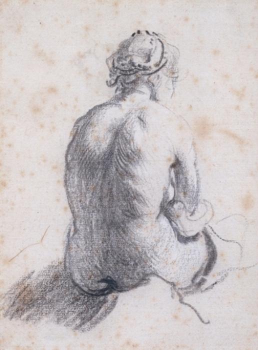 一个 研究 a 女性 裸体 从可见 回, 绘图 通过 rembrandt van rijn