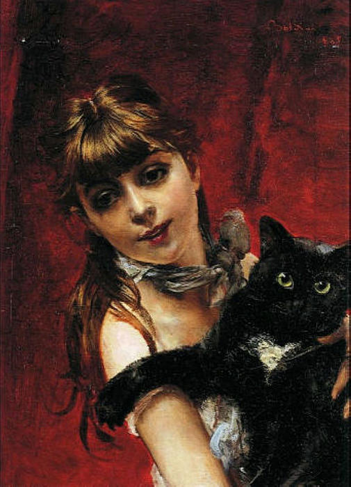 女孩与 黑色 猫, 1885 通过 giovanni boldini (1842-1931, italy)