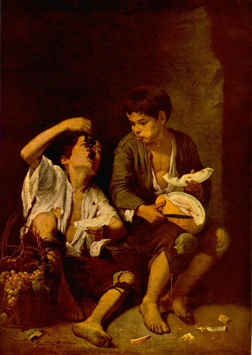两个孩子吃甜瓜和葡萄, 油画 通过 bartolome esteban murillo (1618